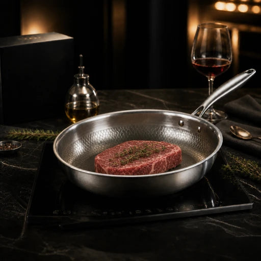 Pièce de bœuf au thym dans la poêle en titane pur martelée, sur plaque à induction