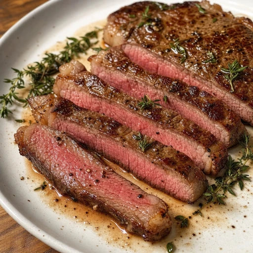 Pièce de bœuf saisie et tranchée, cuisson rosée, servie au thym
