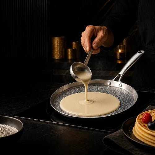 Pâte à crêpes versée à la louche sur la crêpière en titane pur