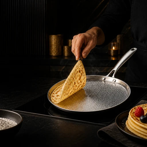 Crêpe dorée retournée à la main sur la crêpière en titane pur