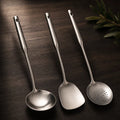 Trio d'ustensiles inox : louche, spatule et écumoire