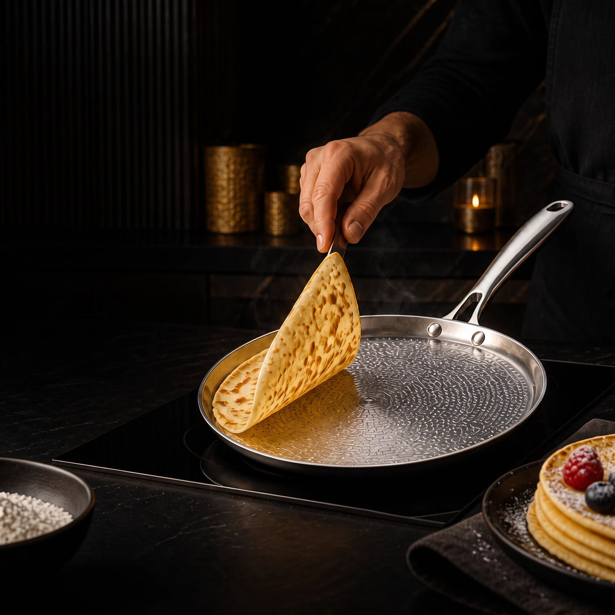 Crêpe dorée retournée sur la crêpière en titane pur