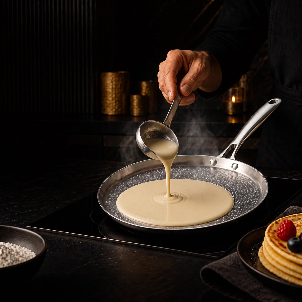 Pâte à crêpes versée à la louche sur la crêpière en titane pur