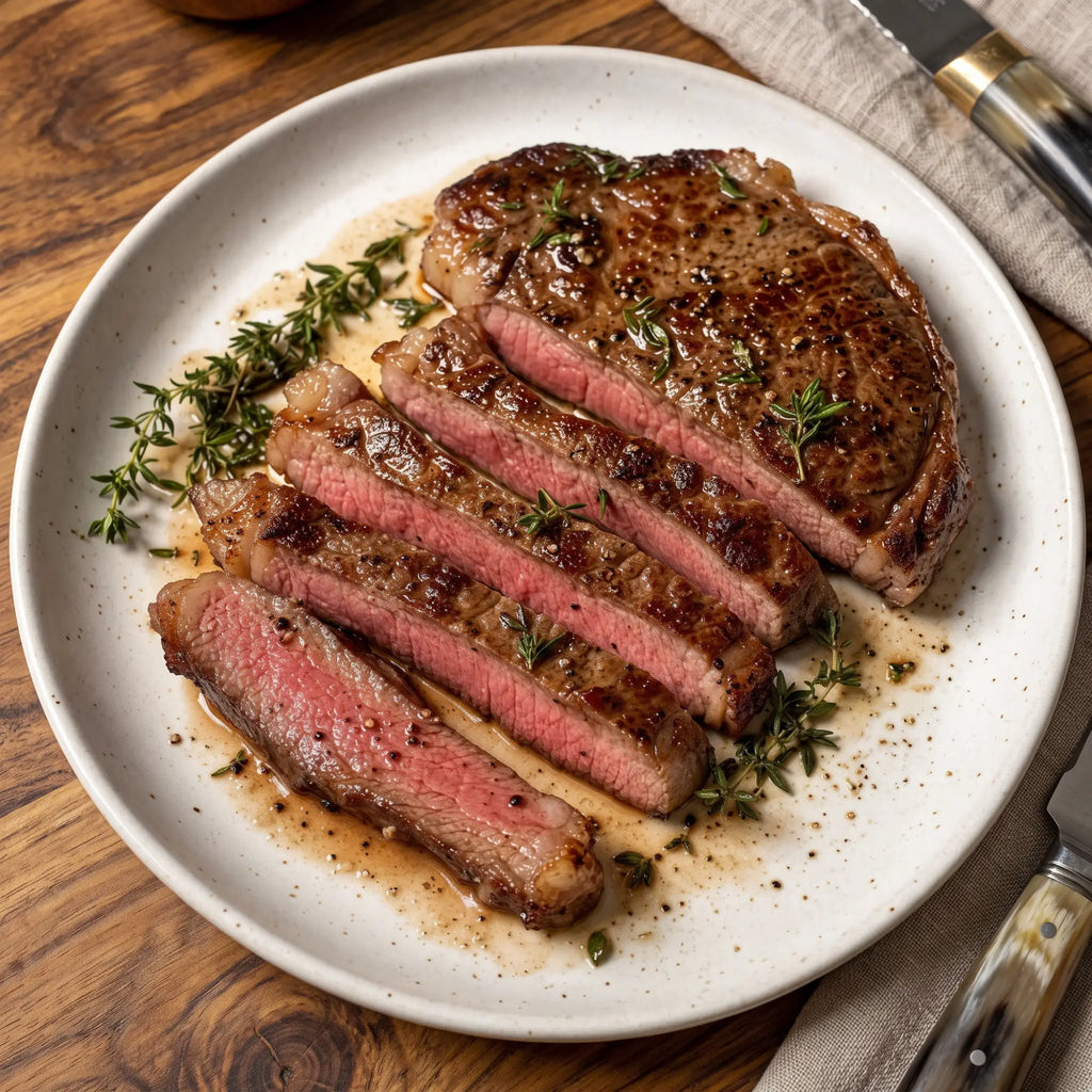 Pièce de bœuf saisie et tranchée, cœur rosé, servie au thym